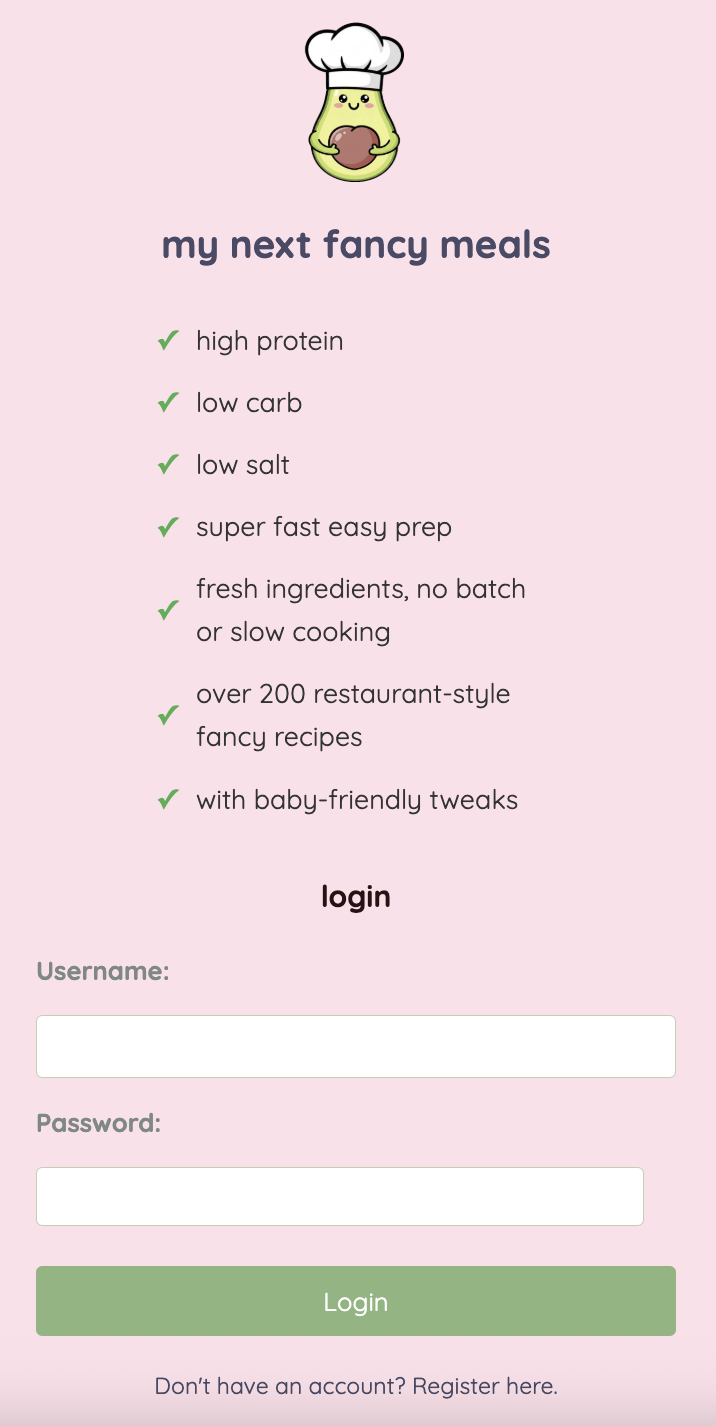 A screenshot of 'My Next Fancy Meals' web app